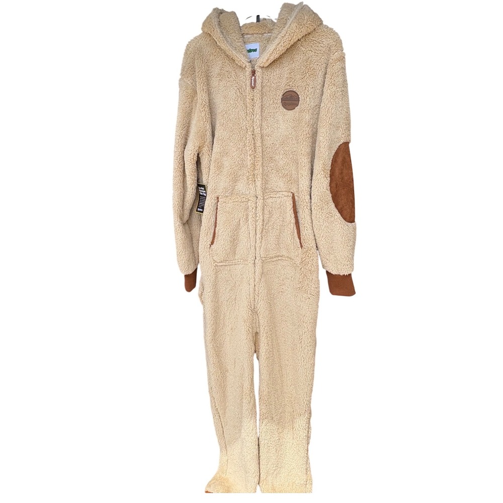 Tipsy Elves Mens Tan Sherpa Jumpsuit Hooded Onesie Pajamas Large  NEW